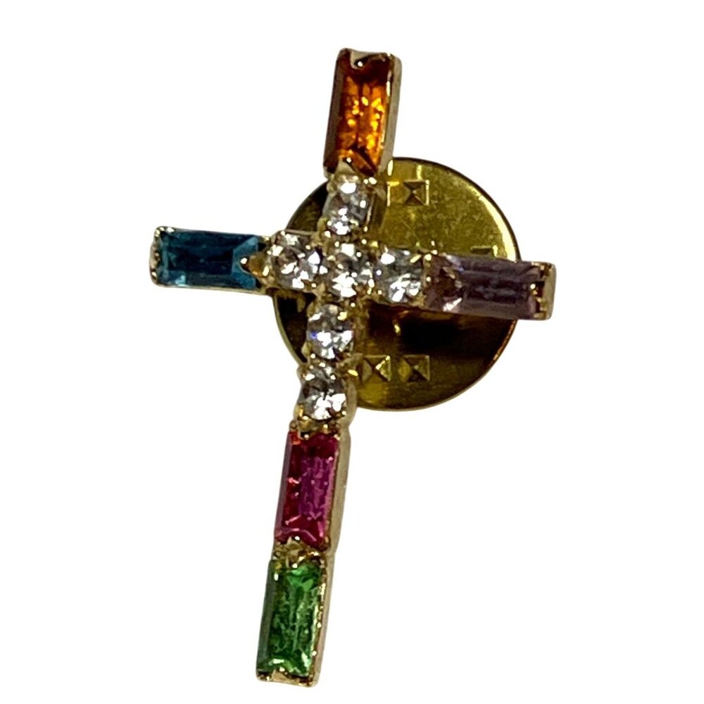 Multicolor Rhinestone Cross Lapel Pin With Gold-Tone Backing - Picture 5 of 7